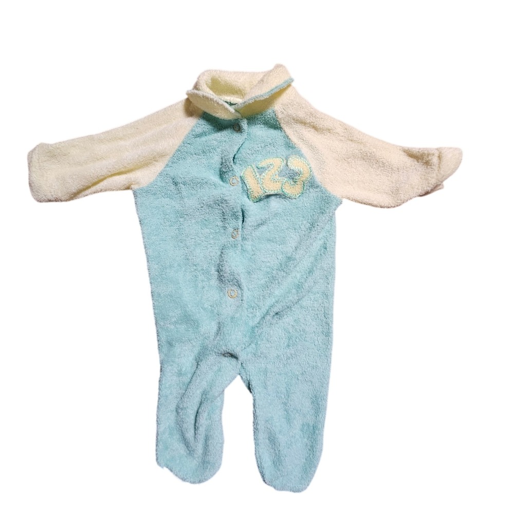 Vintage Baby Terry Cloth Footies Sleep Suit One Piece Patch Snap 0-3 Mos Kidcore